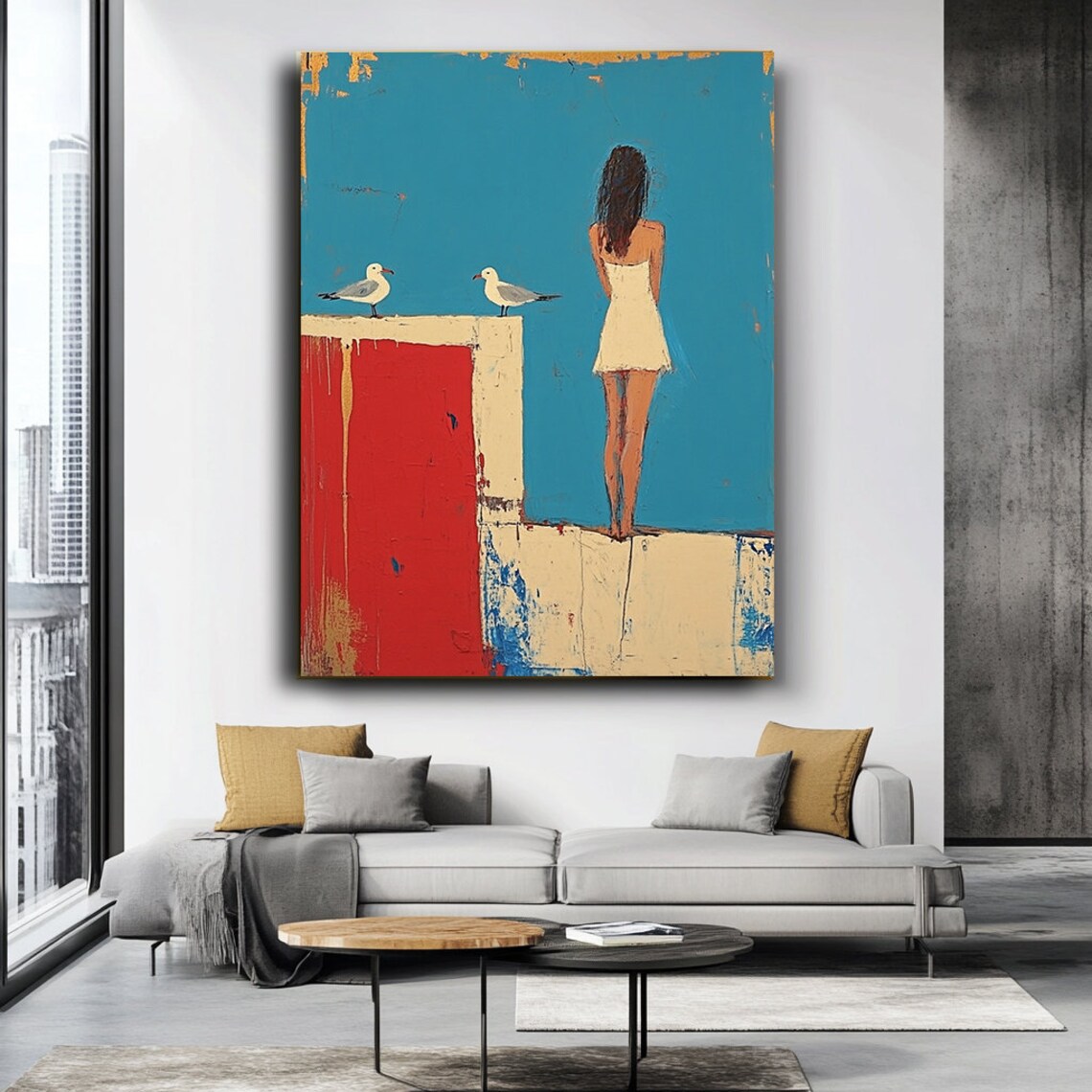 Girl With Seagulls on Coastal Wall Contemporary Minimalist Art Poster - Image 3
