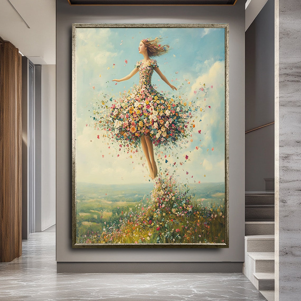 Whimsical Floral Ballerina Painting Woman In A Dress Made Of Flowers Elegant Gold Framed Wall Art For Modern Home Decor Wall Decor - Image 2