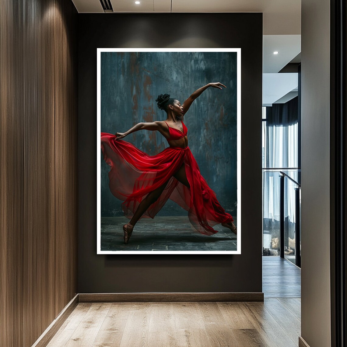 African Dancer Flowing Red Dress Moody Teal Backdrop Wall Art - Image 2