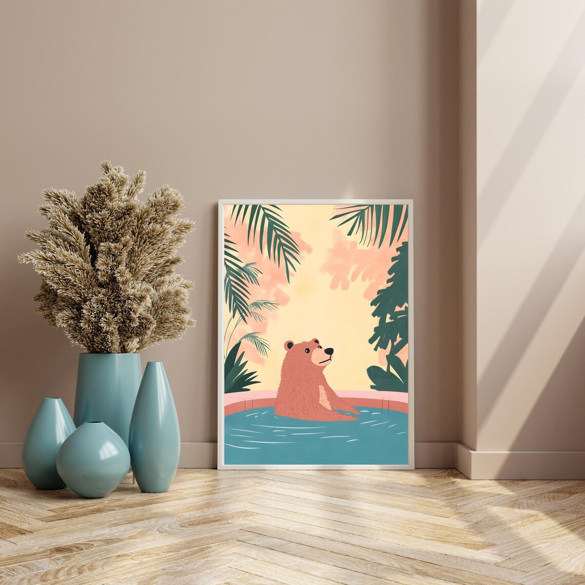 Smiling Brown Bear Floating in a Tropical Pool Under Pink Sunset Skies Poster - Image 8