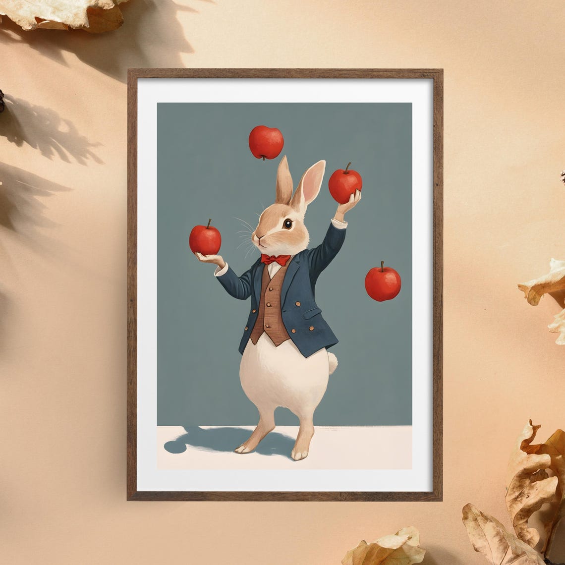 Whimsical Rabbit in a Blue Suit Juggling Four Red Apples Poster - Image 5