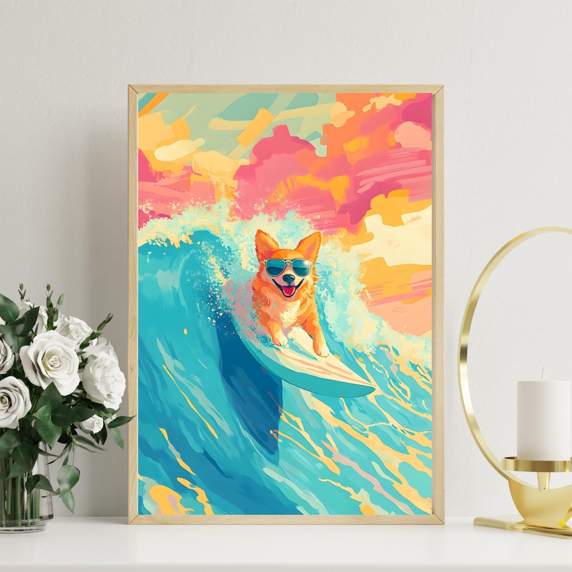 Happy Surfing Corgi in Sunglasses Riding a Big Ocean Wave Poster