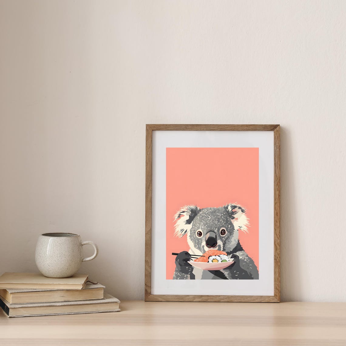 Cute Koala Eating Sushi with Chopsticks on a Coral Background Poster - Image 7