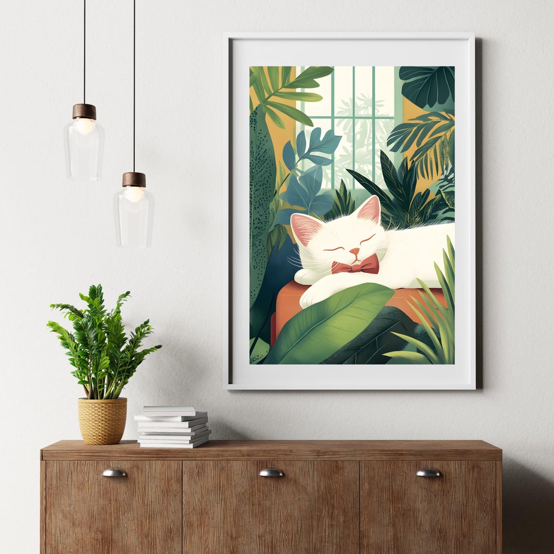 White Cat With Red Bow Tie Sleeping Among Tropical Plants Poster - Image 4