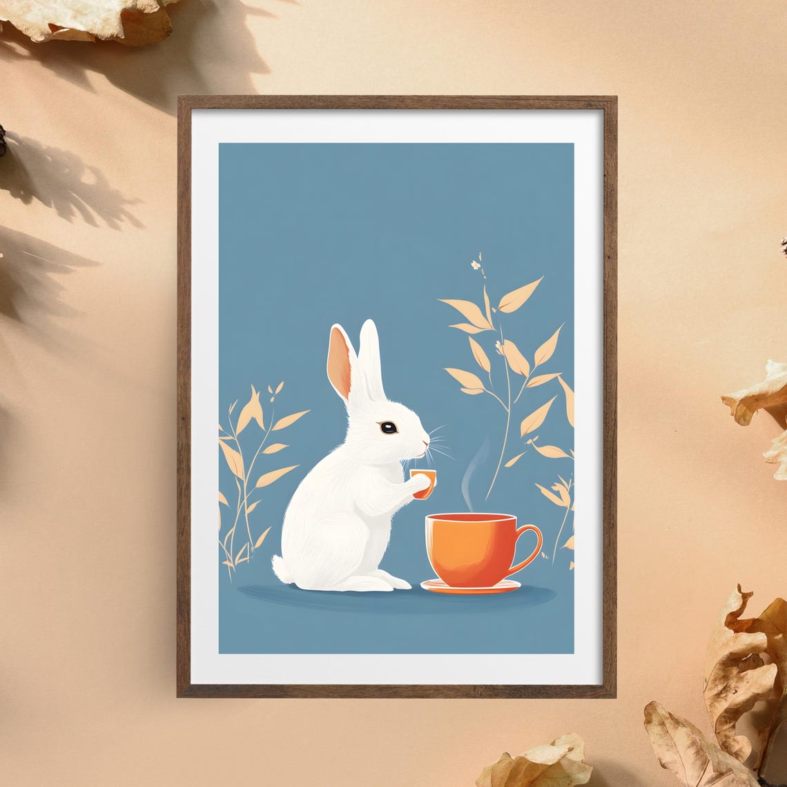 Adorable White Bunny Drinking Tea on a Dusty Blue Botanical Poster - Image 5