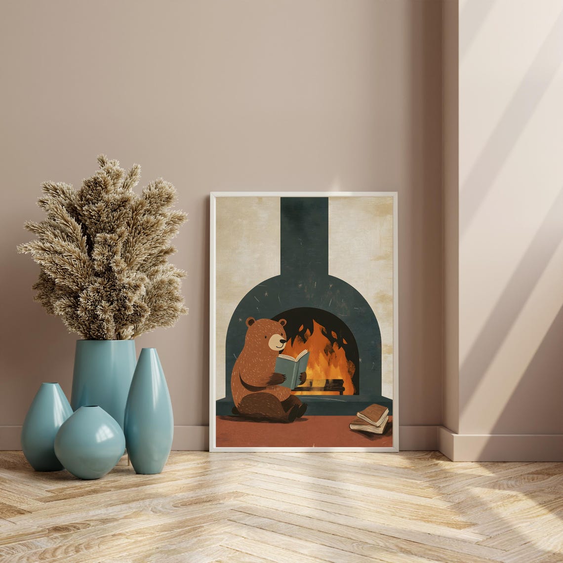 Cozy Brown Bear Reading a Book by a Crackling Fireplace Poster - Image 7