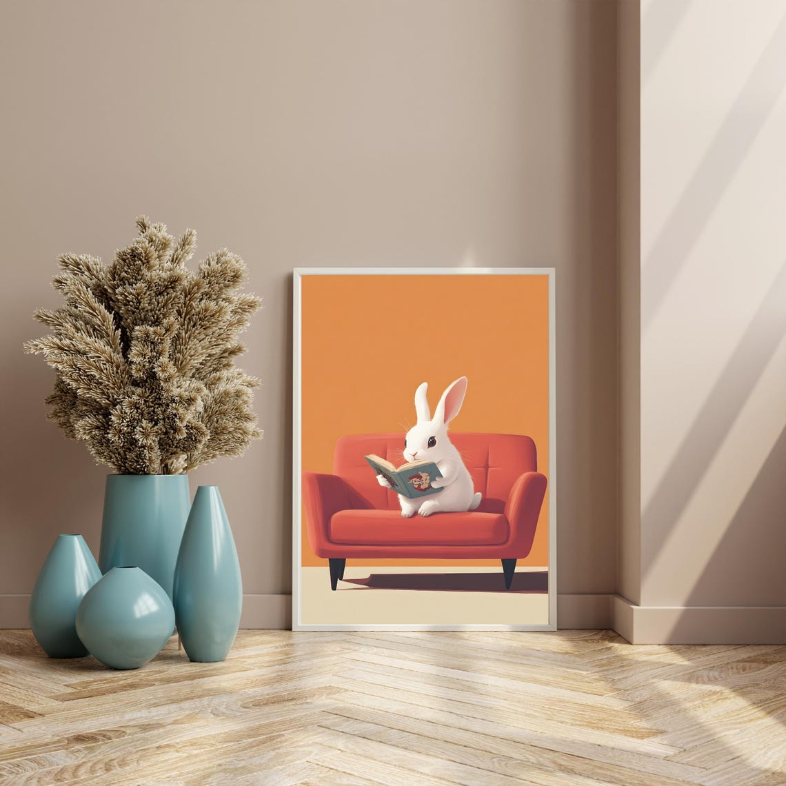 White Bunny Reading a Book on a Red Sofa in Orange Room Poster - Image 8
