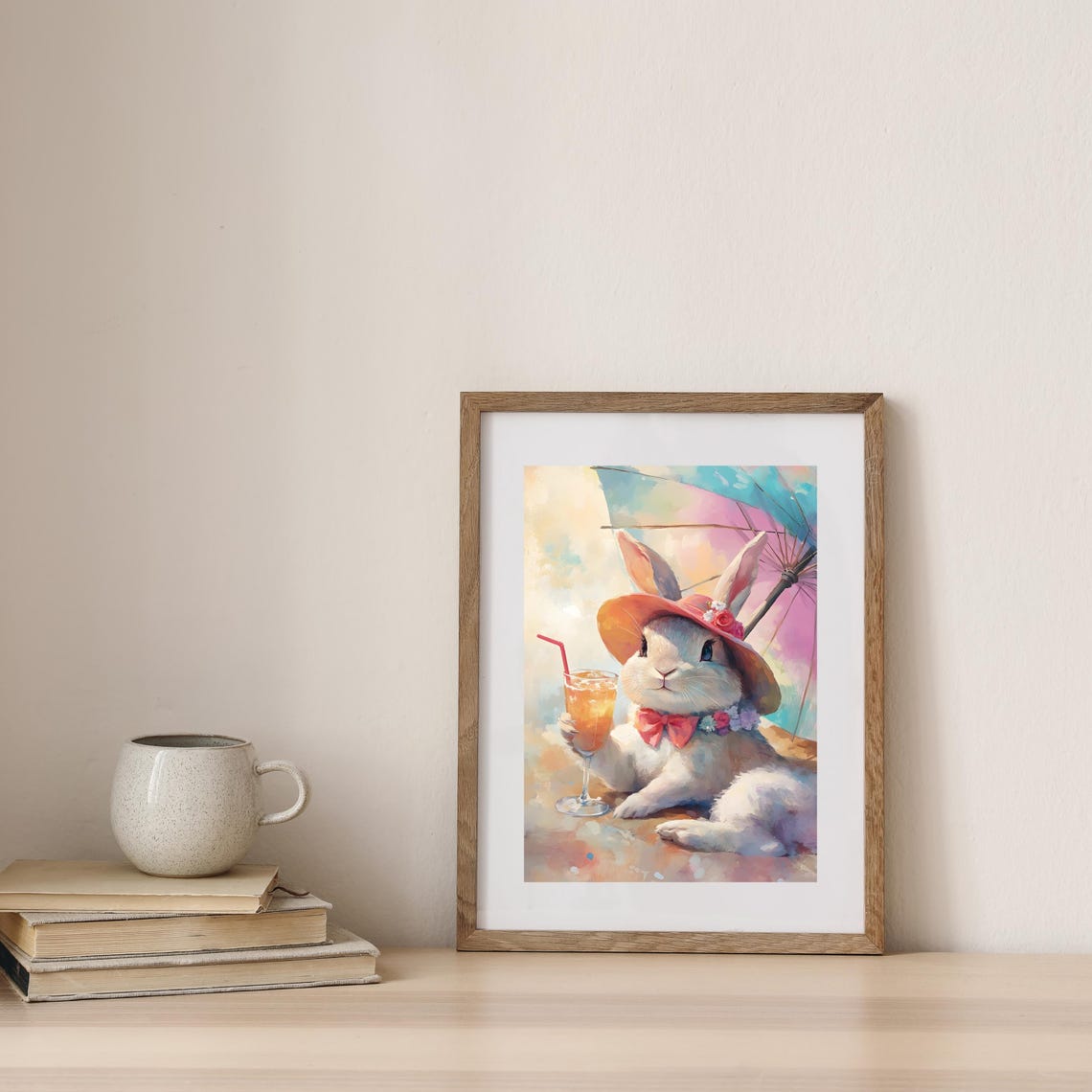 White Bunny In A Sun Hat Sipping An Iced Drink Summer Art Poster - Image 3
