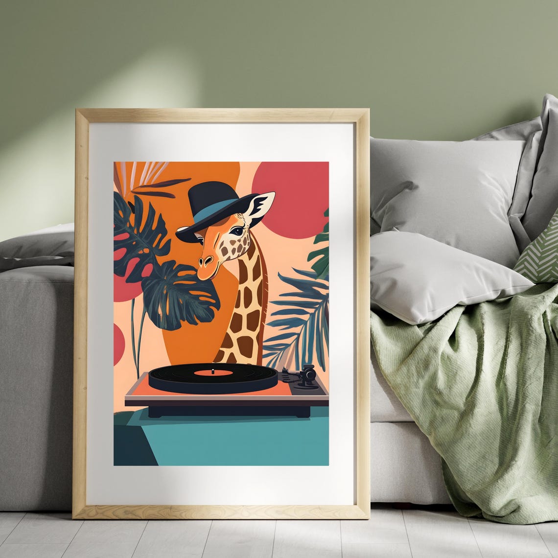Stylish Giraffe in Hat Playing a Vinyl Record Player Retro Poster - Image 2