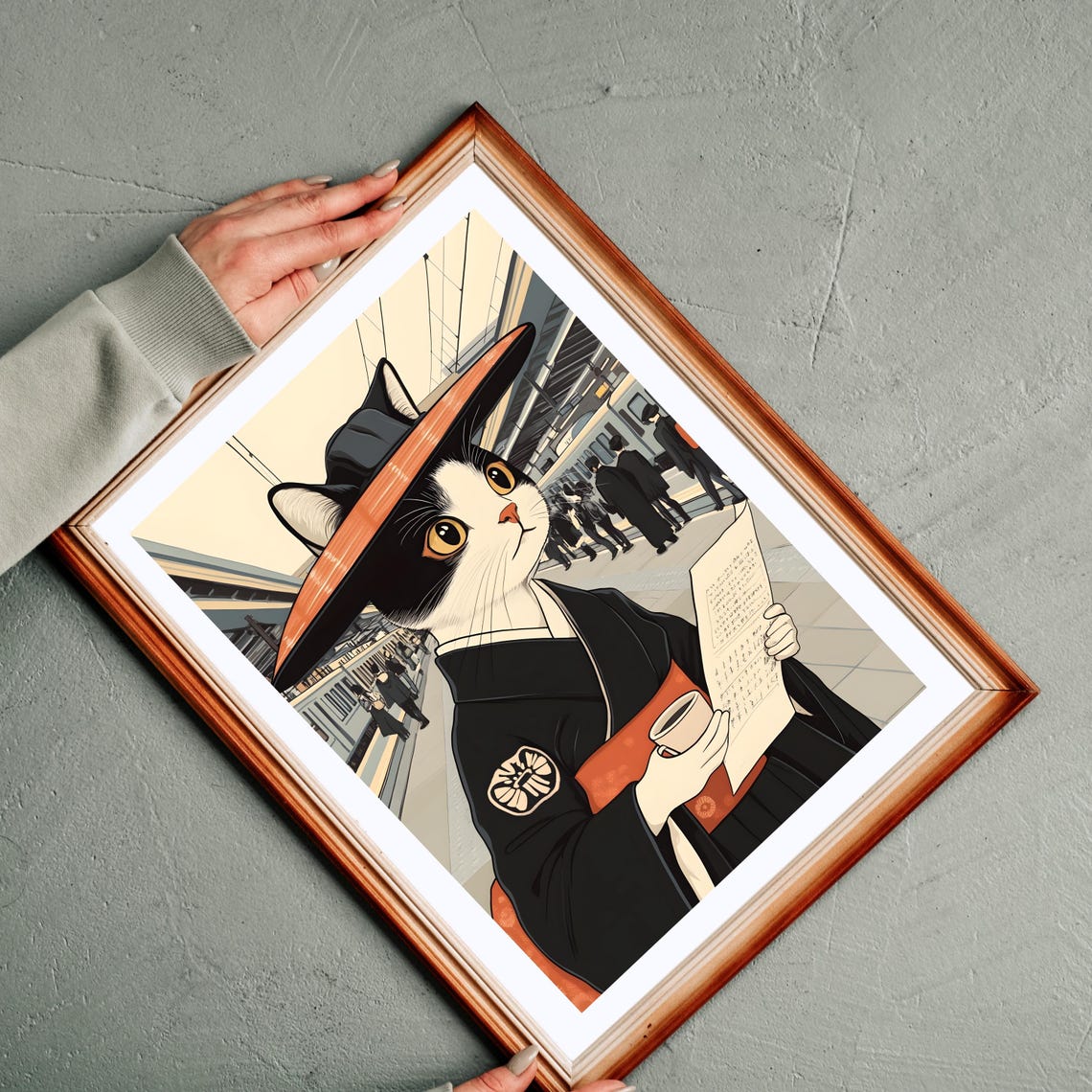 Cat in Kimono Sipping Tea at a Bustling Train Station Poster - Image 8