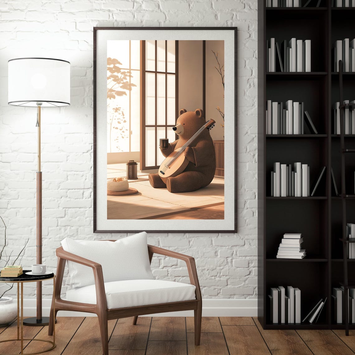 Cozy Bear Playing Lute Japanese Tea Room Relaxing Animal Art Poster - Image 5
