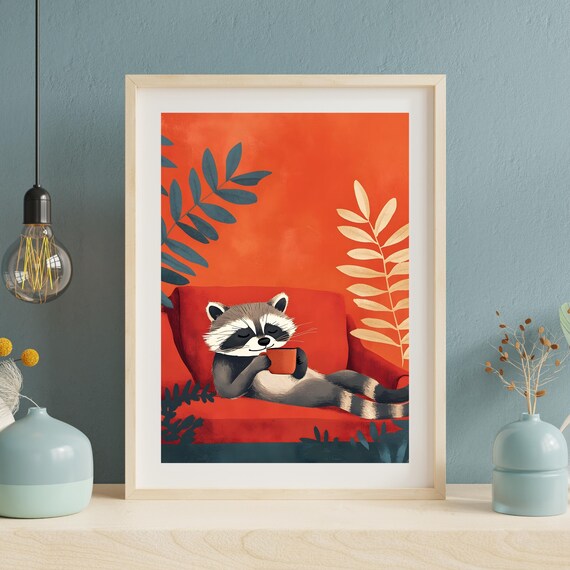 Sleepy Raccoon Lounging on a Red Sofa Holding a Coffee Cup Poster