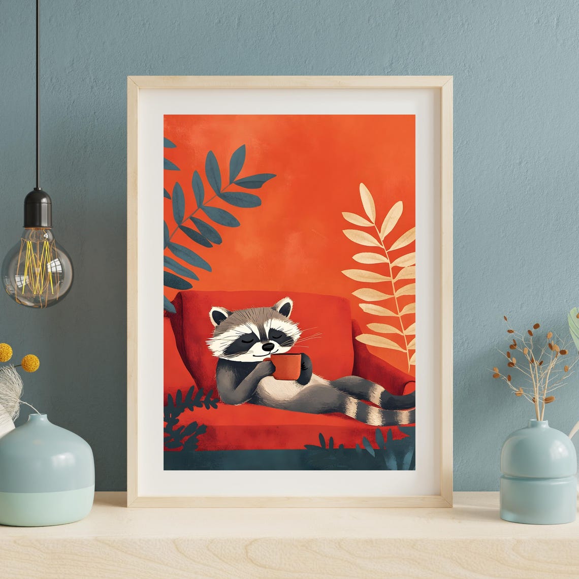 Sleepy Raccoon Lounging on a Red Sofa Holding a Coffee Cup Poster