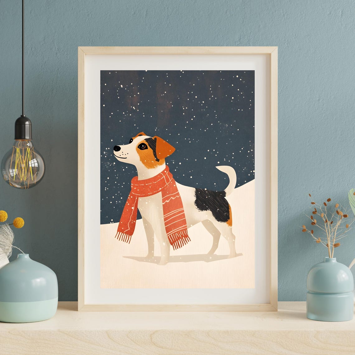 Dog Wearing A Red Scarf Standing In Falling Snow Winter Night Poster