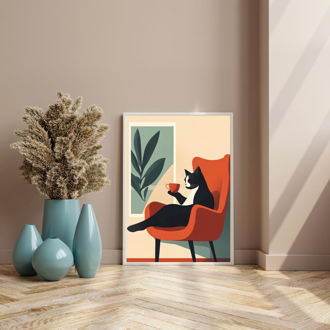 Black and White Cat Sipping Coffee in Orange Armchair Poster - Image 8