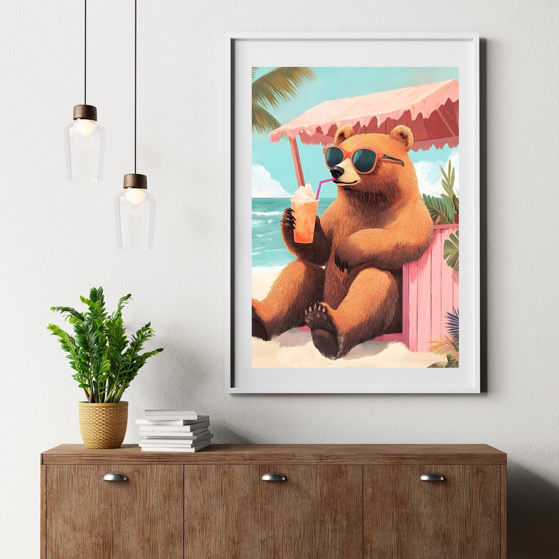 Brown Bear in Red Sunglasses Sipping Drink at Pink Beach Cabana Poster - Image 2