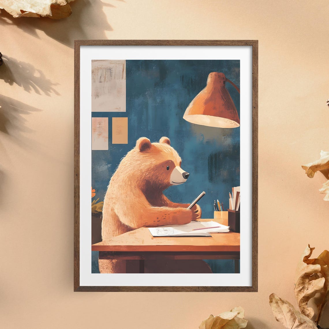 Cute Brown Bear Writing In A Notebook At A Desk Under A Lamp Poster - Image 5