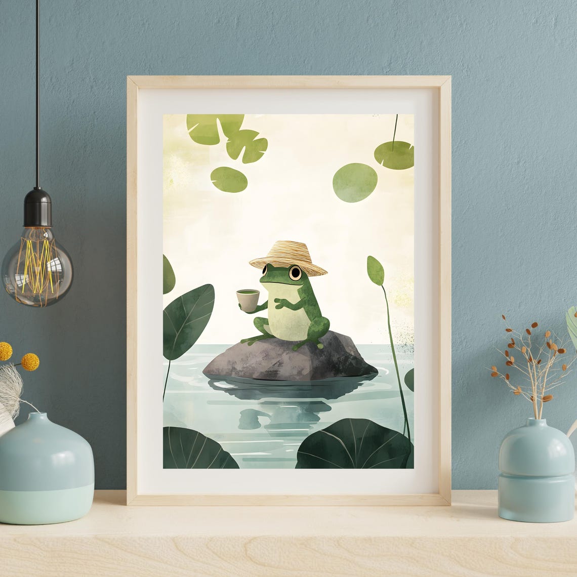 Sweet Cute Frog in Straw Hat Sipping Tea Atop a Pond Rock Poster - Image 4