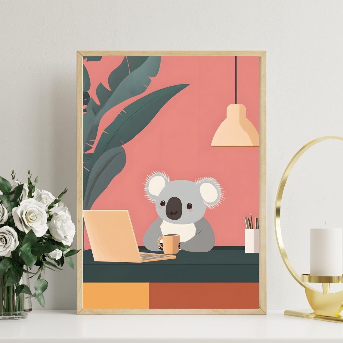 Cozy Koala Office Desk Laptop Coffee Minimalist Work Art Poster - Image 4