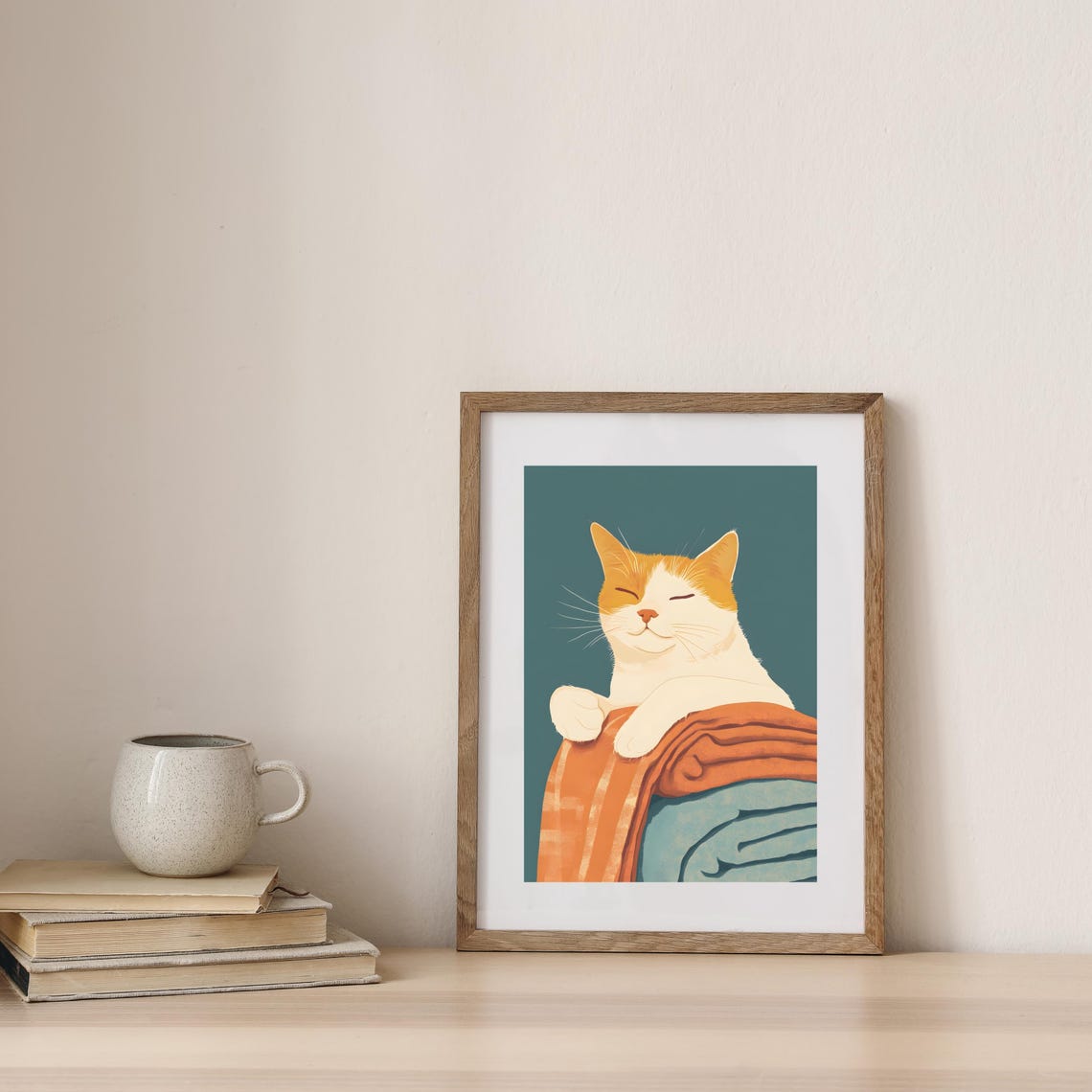 Cozy Orange Cat Hugging Folded Blankets on a Teal Background Poster - Image 4