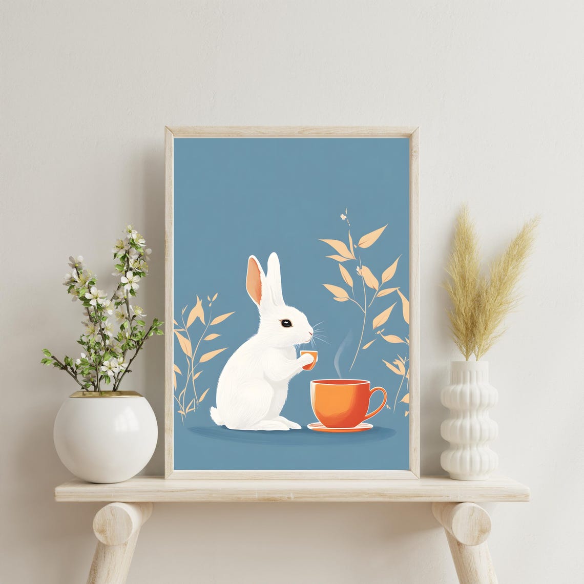 Adorable White Bunny Drinking Tea on a Dusty Blue Botanical Poster - Image 3