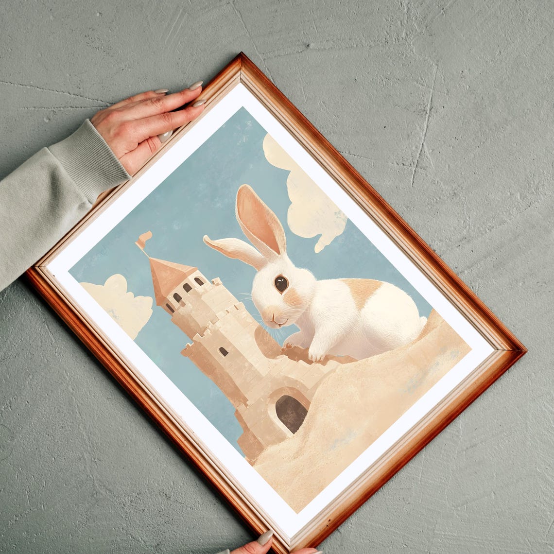 Adorable White Bunny Building a Sandcastle Tower on the Beach Poster - Image 4