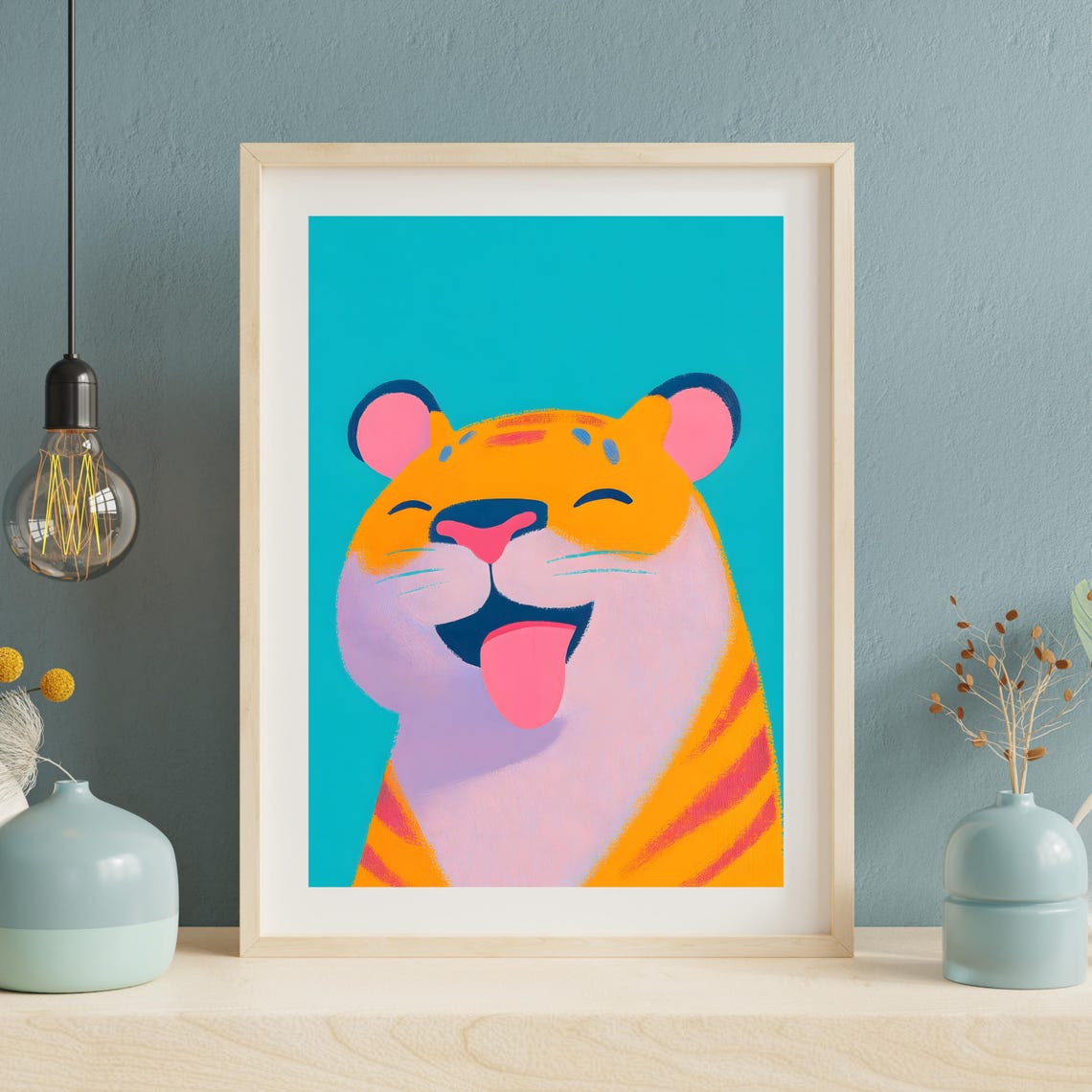 Cheerful Orange Tiger with Tongue Out on Bright Turquoise Poster - Image 4