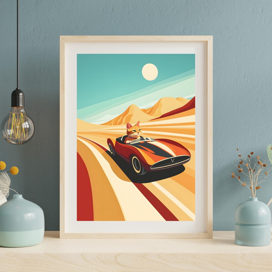 Orange Cat Driving Red Vintage Race Car on Desert Road Poster - Image 3