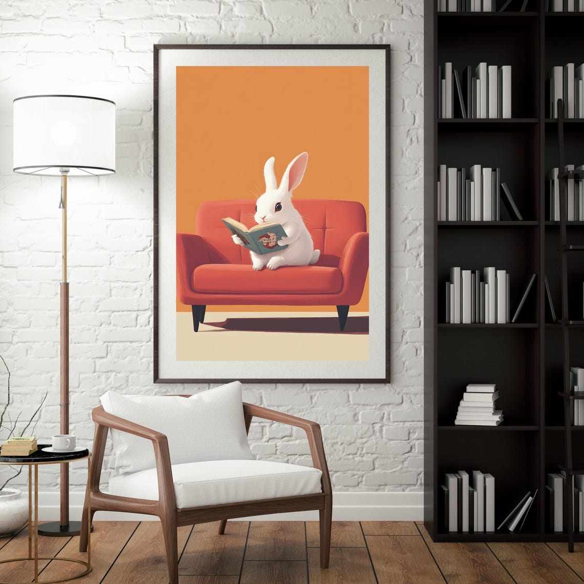 White Bunny Reading a Book on a Red Sofa in Orange Room Poster - Image 5