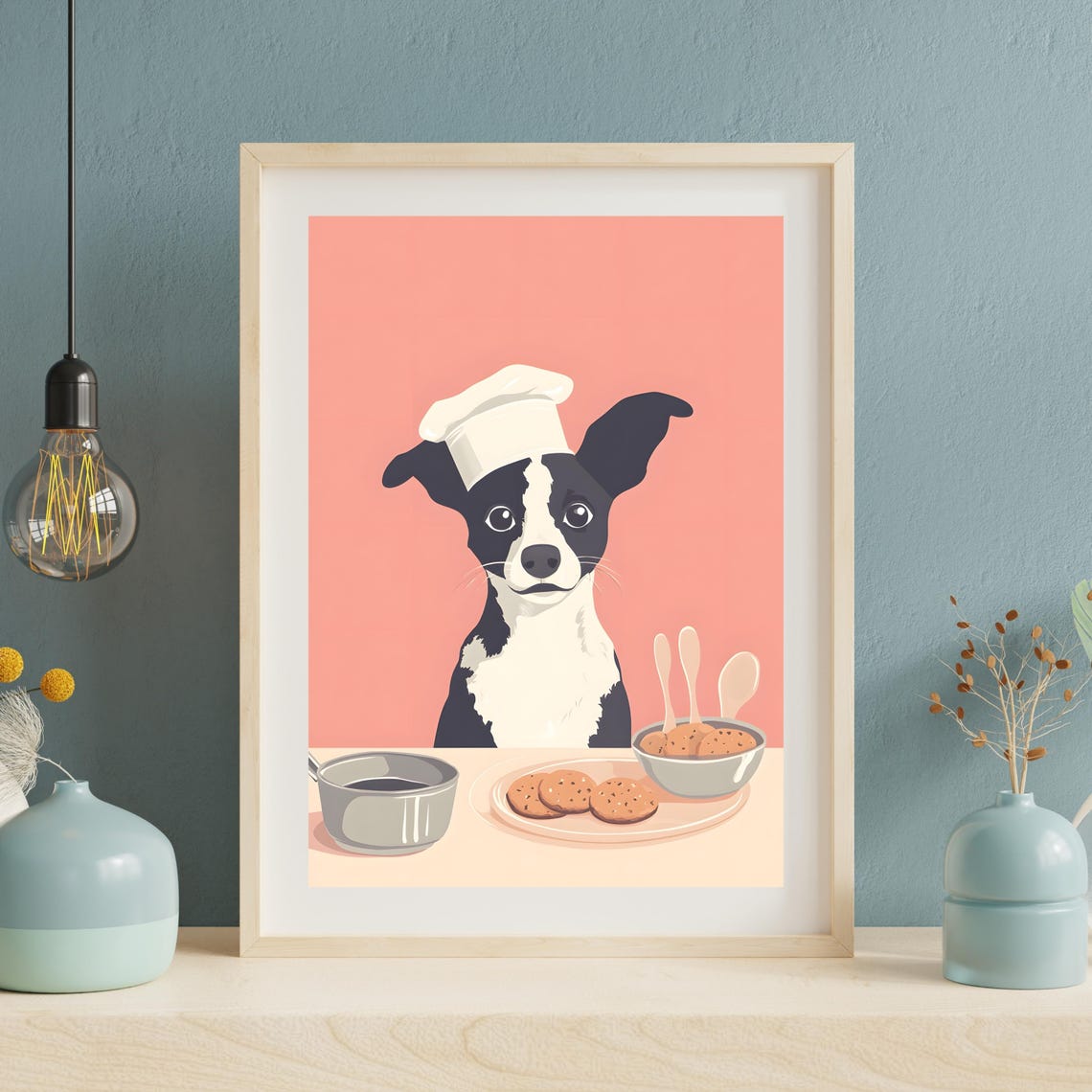 Cute Black and White Dog Chef Baking Cookies in the Kitchen Poster