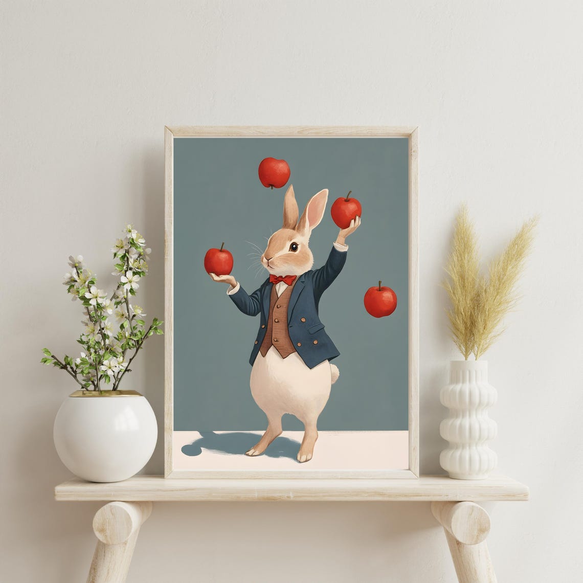 Whimsical Rabbit in a Blue Suit Juggling Four Red Apples Poster - Image 3
