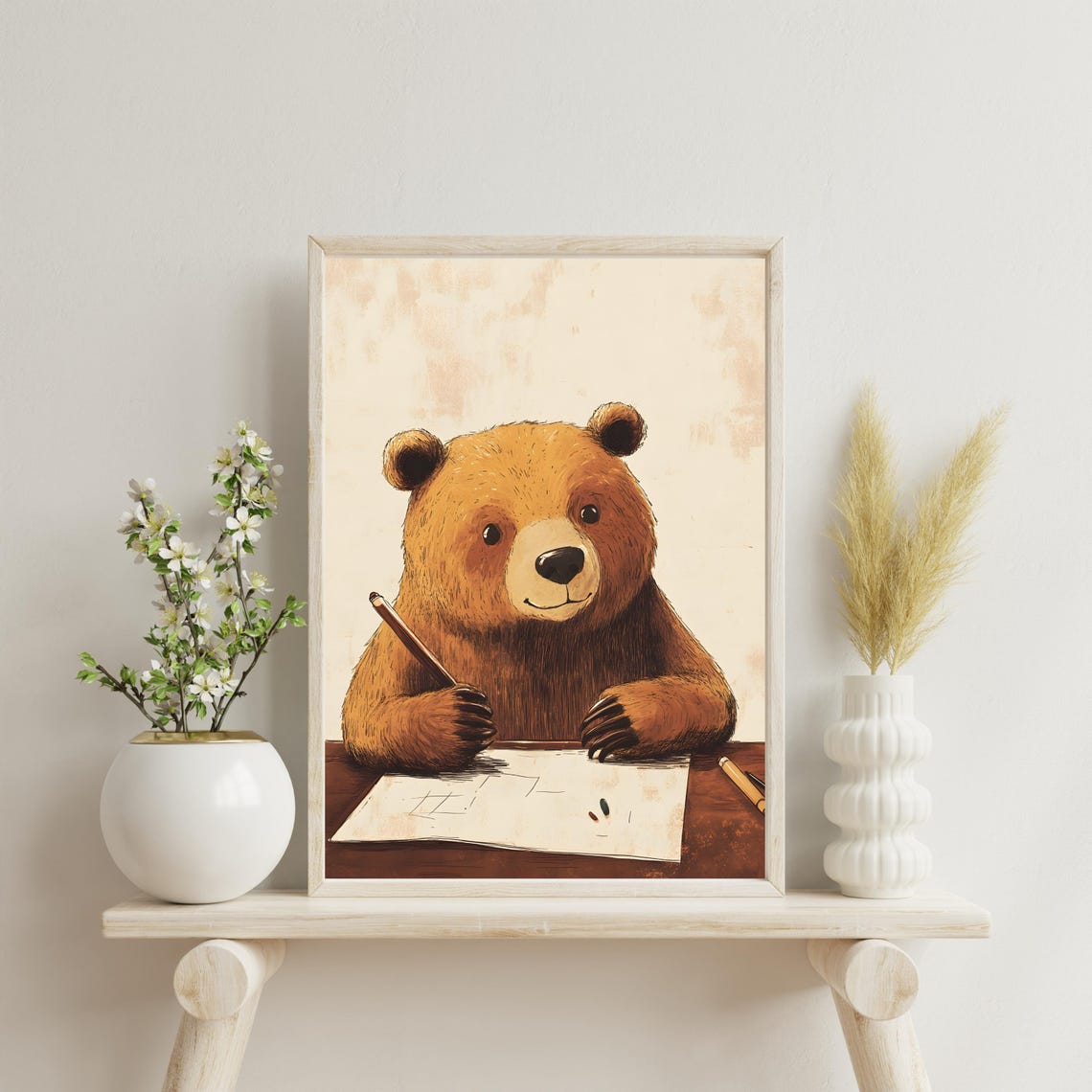Creative Brown Bear Sketching at a Desk Holding a Pencil Poster - Image 3