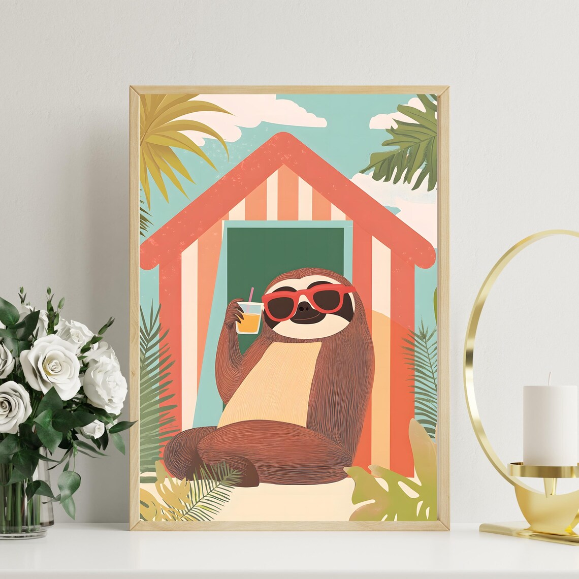 Chill Sloth in Red Sunglasses Sipping Juice Before a Striped Beach Hut Poster - Image 7