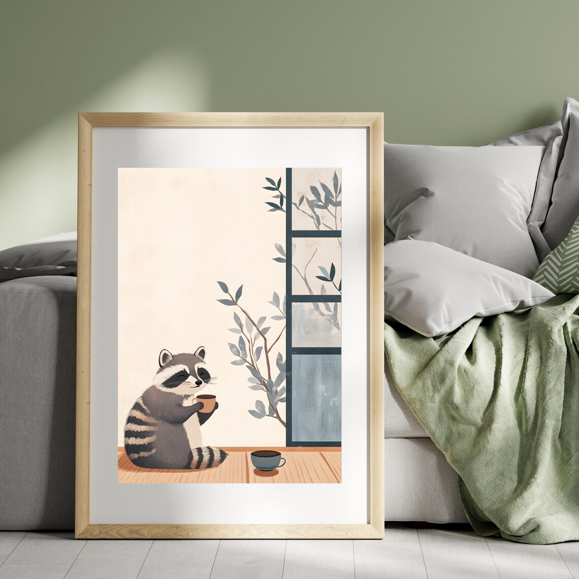 Cozy Raccoon Tea Time Window Japanese Nature Minimalist Art Poster - Image 7