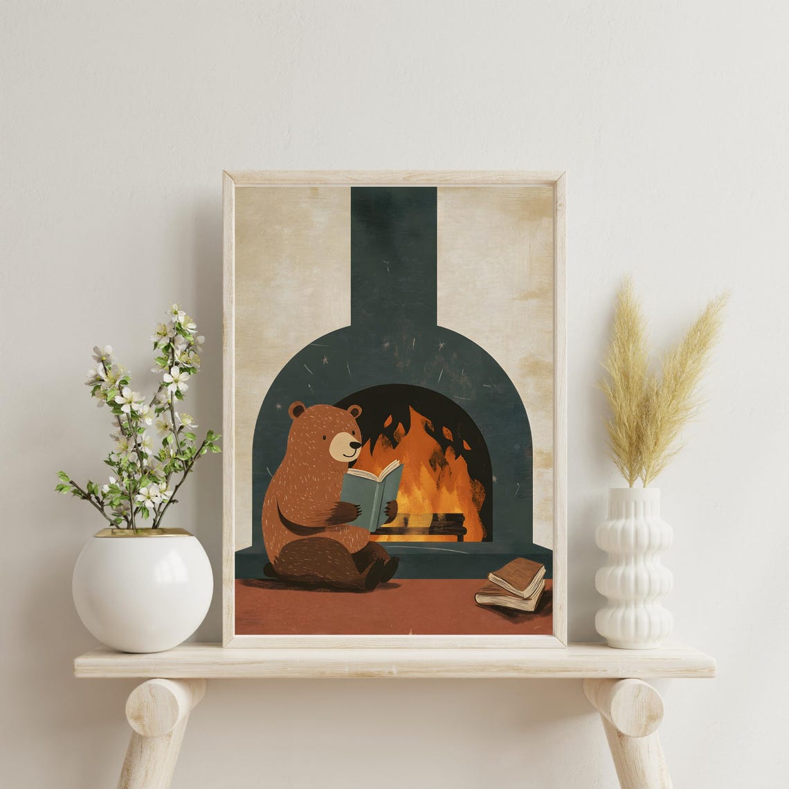 Cozy Brown Bear Reading a Book by a Crackling Fireplace Poster - Image 2