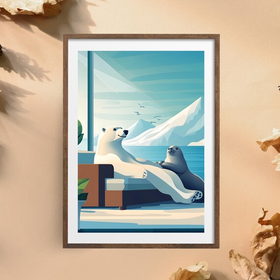 Polar Bear and Seal Relaxing on a Patio over the Arctic Bay Poster