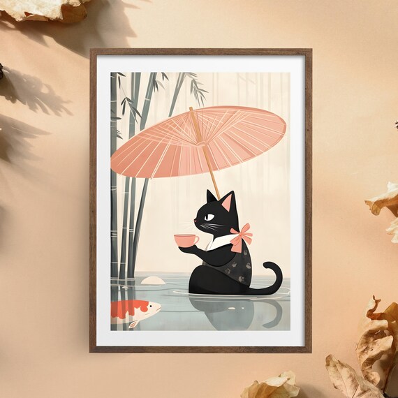 Black Cat With Pink Umbrella Drinking Tea in a Rainy Pond Poster
