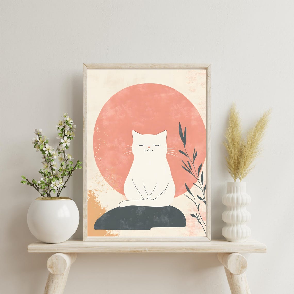 Zen White Cat Under A Pink Sun Minimalist Japanese Art Poster - Image 2