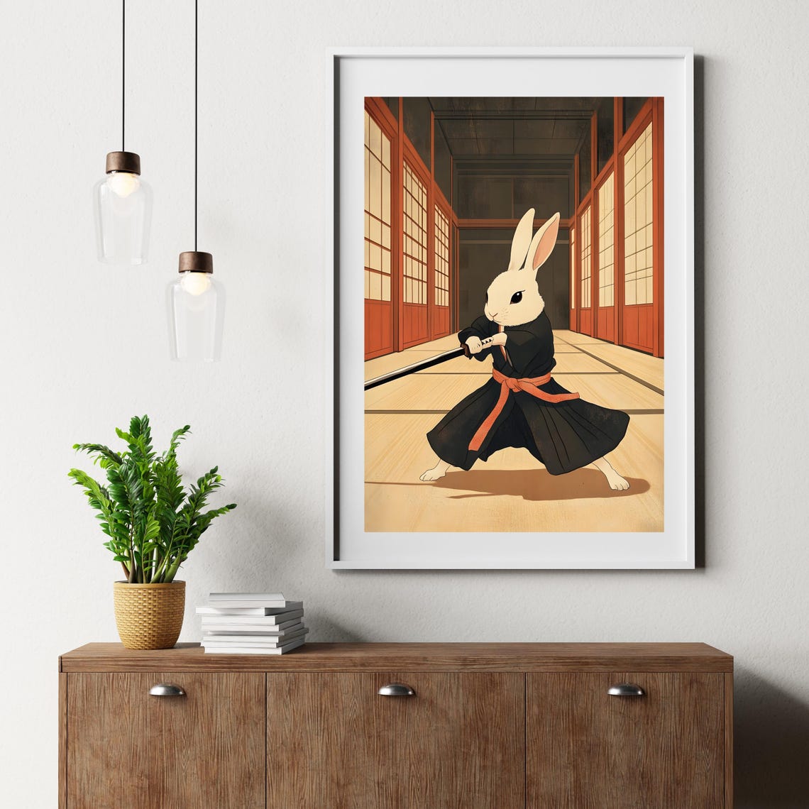White Rabbit Samurai Wielding Katana in Japanese Dojo Hall Poster - Image 3