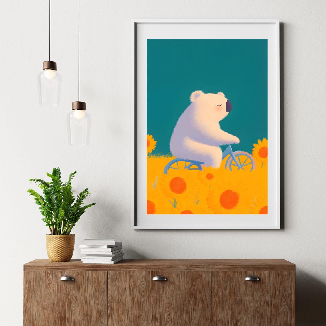 Happy Bear Riding Bicycle Through Sunflower Field Summer Poster - Image 2