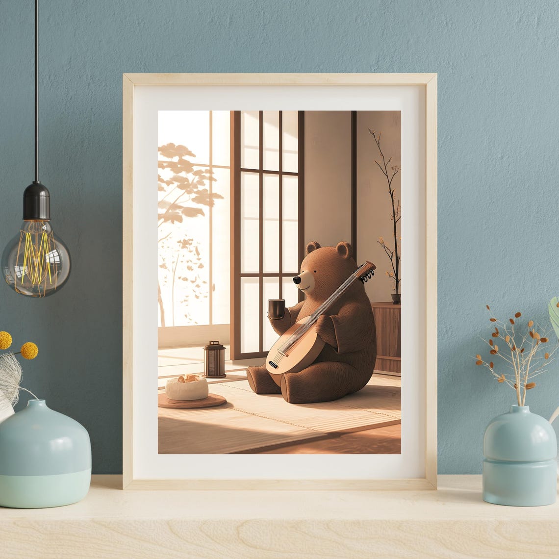 Cozy Bear Playing Lute Japanese Tea Room Relaxing Animal Art Poster - Image 3
