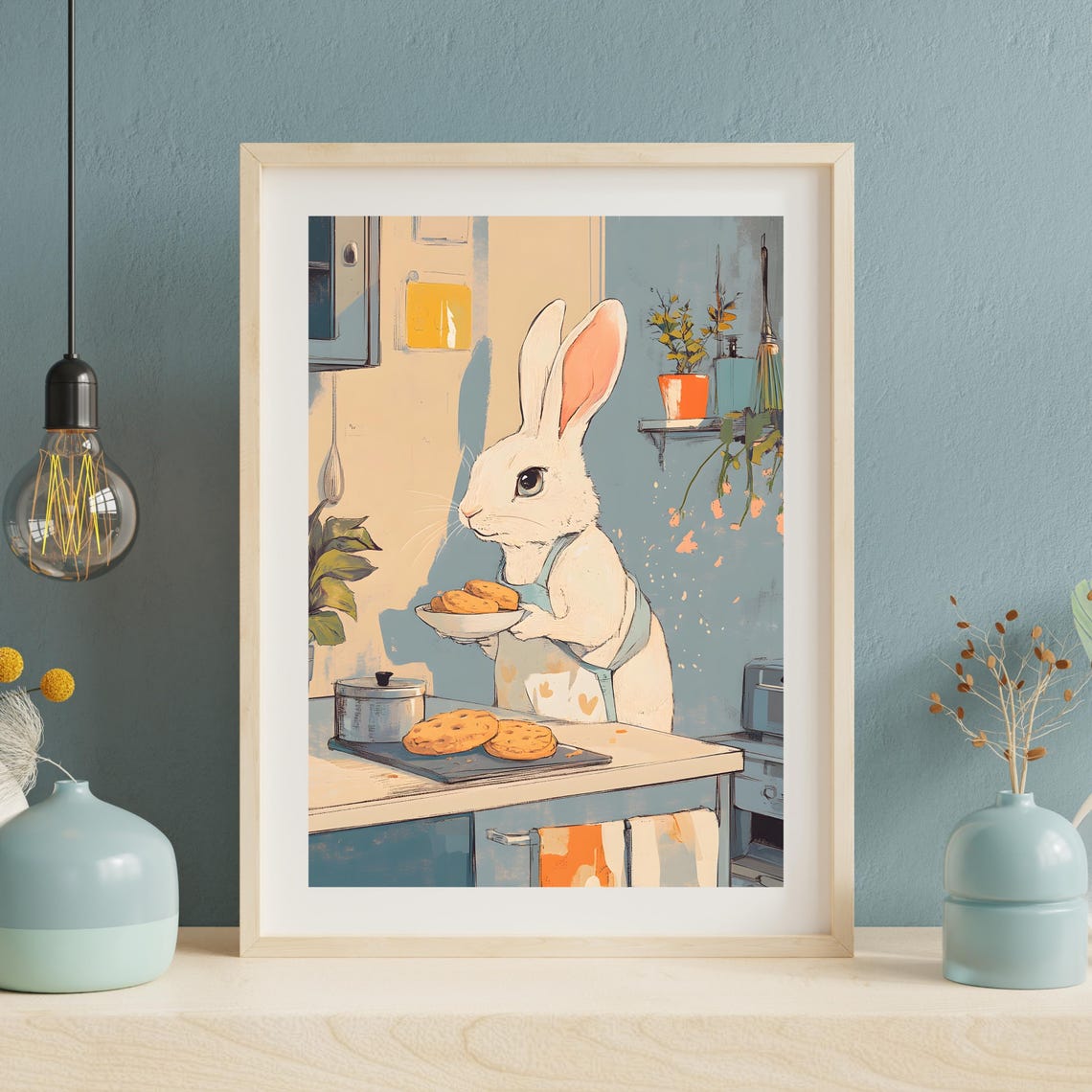 Cute Rabbit Baking Cookies In A Cozy Kitchen Bunny Illustration Poster