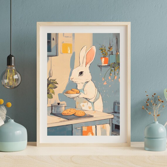 Cute Rabbit Baking Cookies In A Cozy Kitchen Bunny Illustration Poster