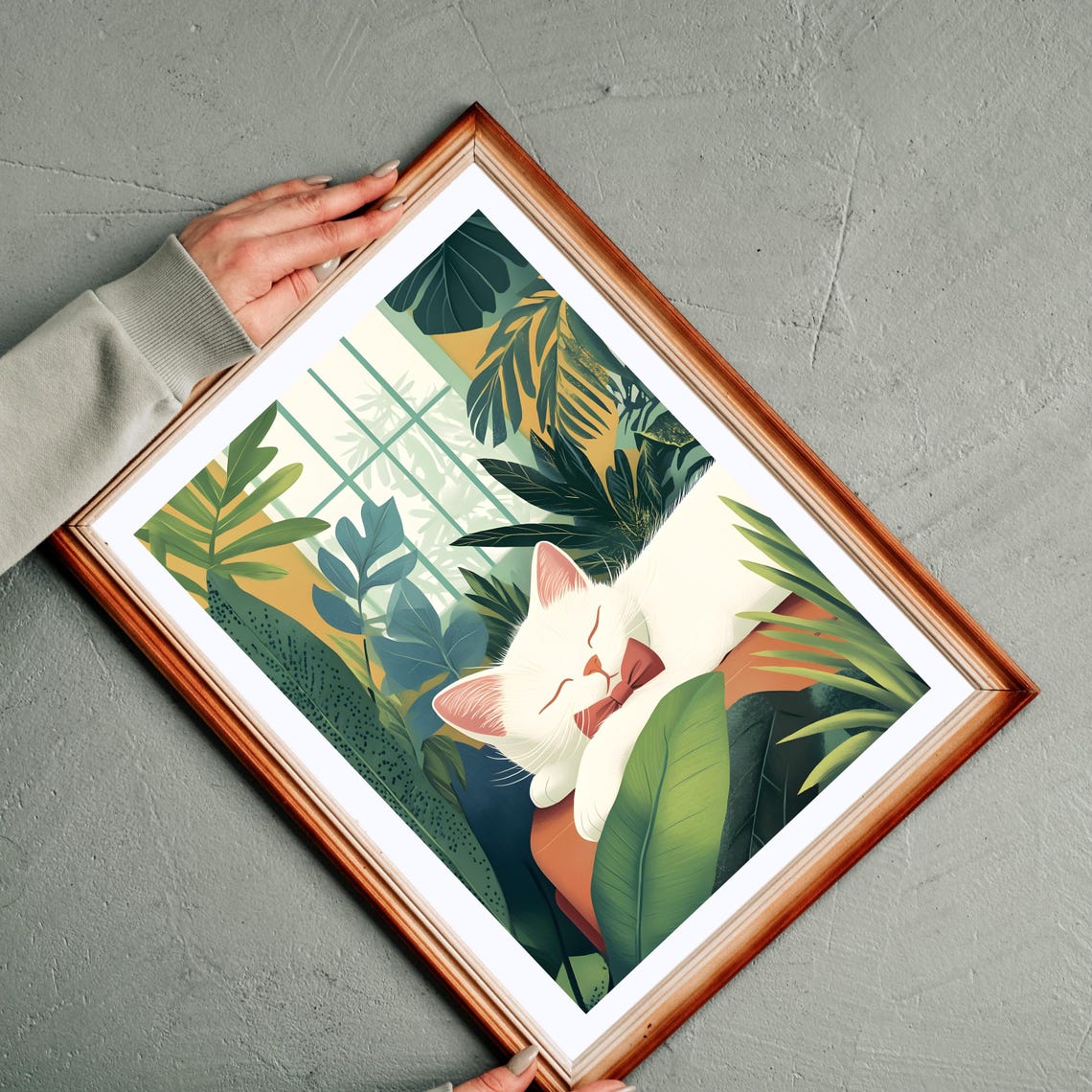 White Cat With Red Bow Tie Sleeping Among Tropical Plants Poster - Image 8