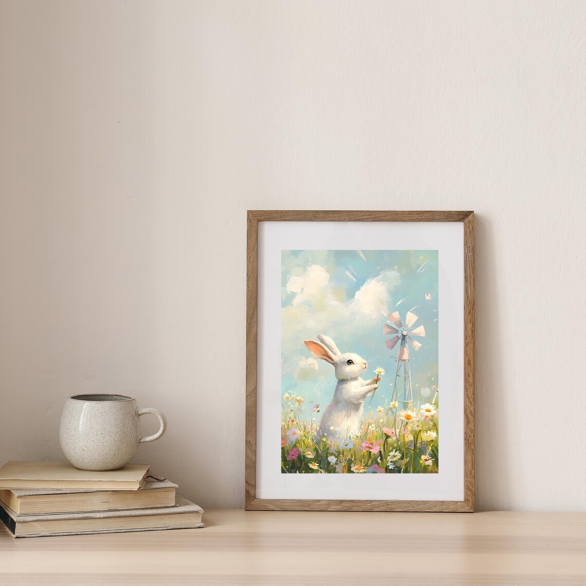 Playful White Bunny Holding a Daisy in a Blooming Spring Flower Meadow Poster - Image 6