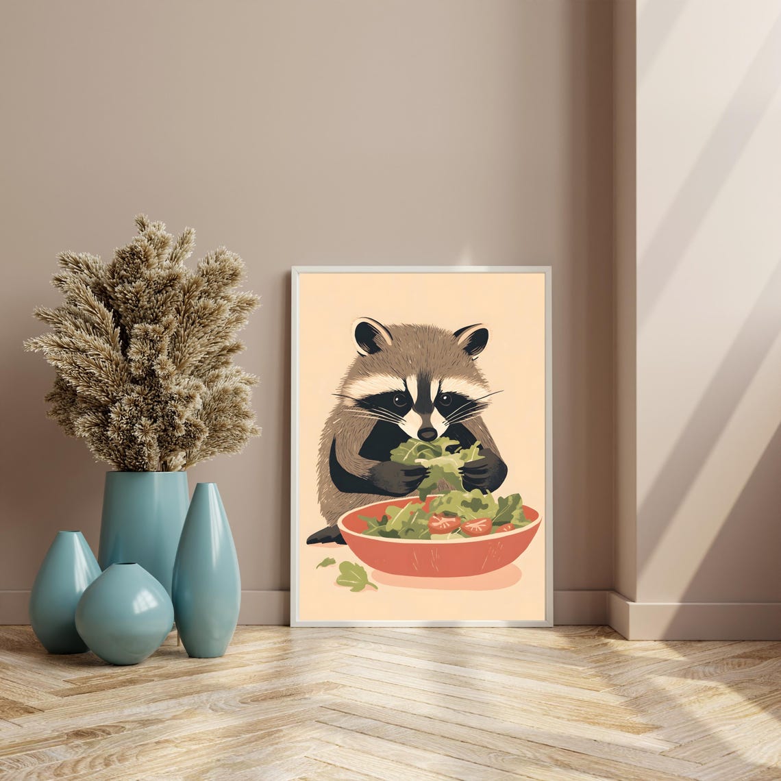 Cute Raccoon Enjoying a Fresh Green Salad Bowl with Tomatoes Poster - Image 8