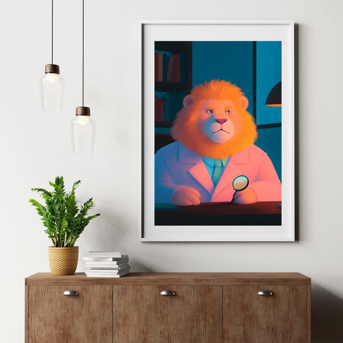 Scholarly Lion in Lab Coat with Magnifying Glass at Desk Poster - Image 2