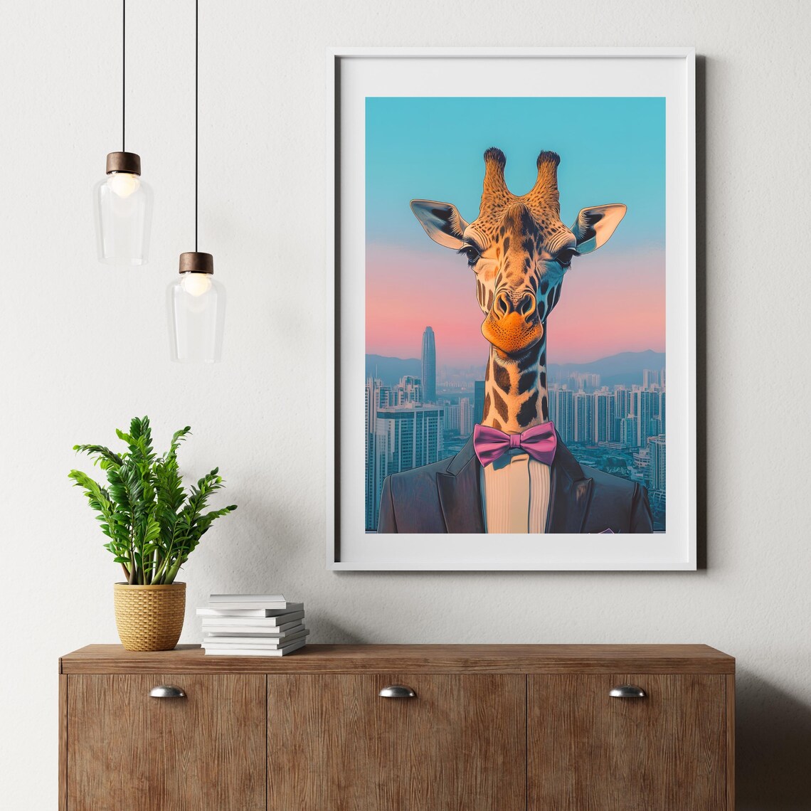 Elegant Giraffe in Tuxedo and Purple Bow Tie over a City Poster - Image 6