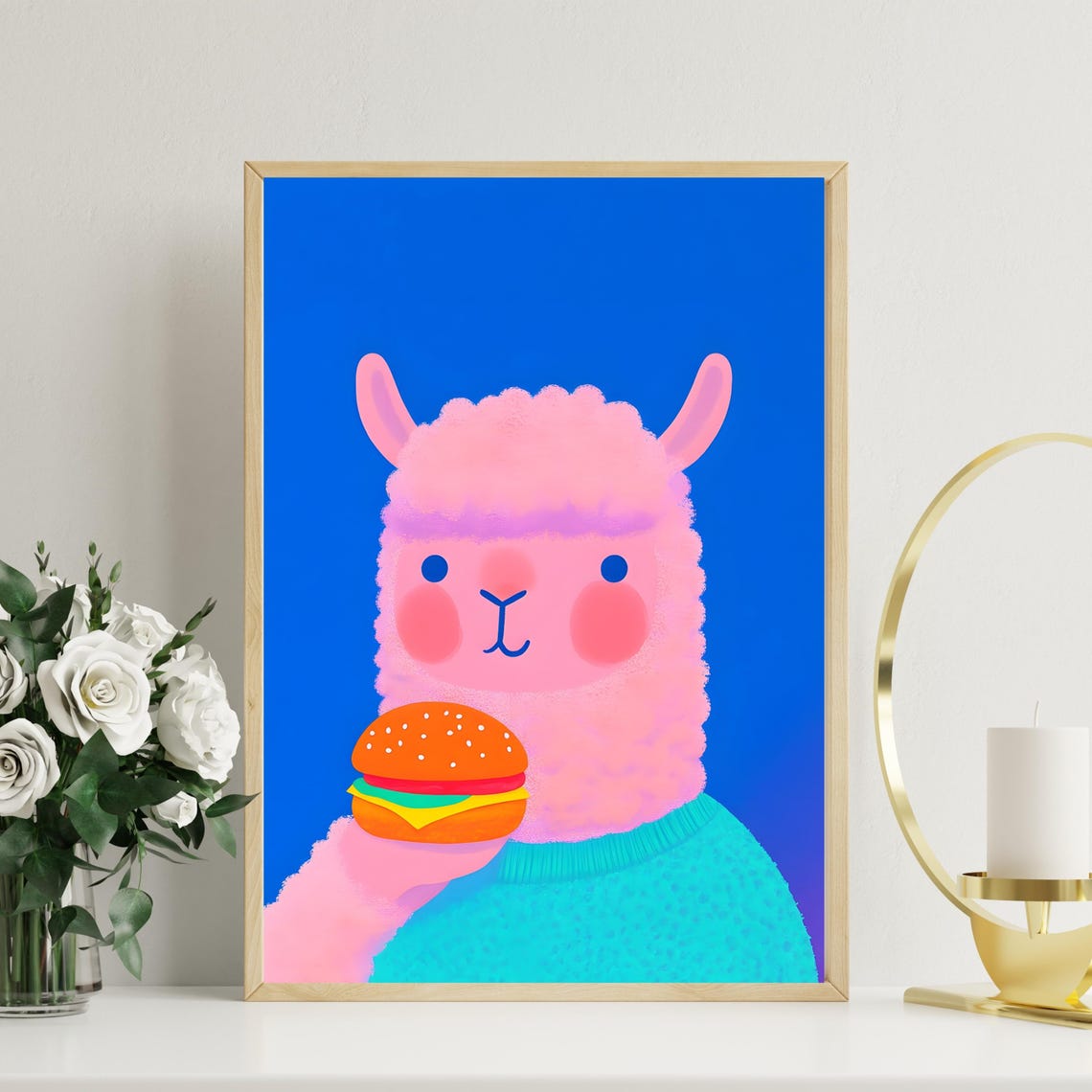 Cute Pink Llama Holding Cheeseburger on Bold Blue Background Poster