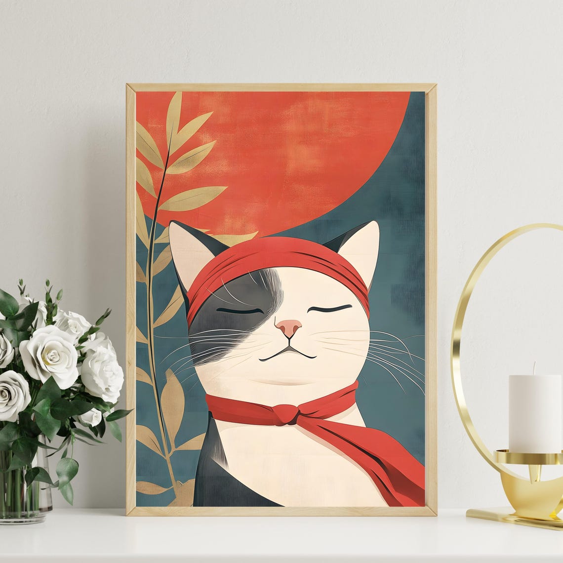 Zen Cat With Red Headband Meditating Before Big Red Sun Poster - Image 2
